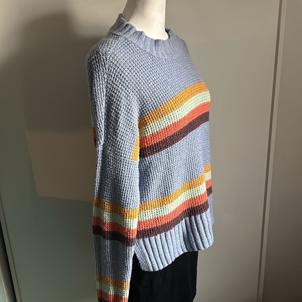 SO Women’s Oversized Fuzzy Waffle Knit Mock Neck Cozy Striped Sweater - Picture 2 of 8